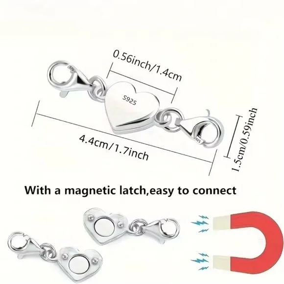 .925 Sterling Silver Heart Jewelry Connector Clasp Magnetic Necklace Clasp - Picture 3 of 3